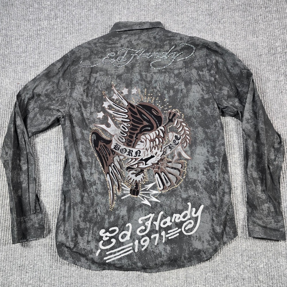 Ed‎ Hardy Shirt Mens Large Black Gray Acid Wash Born Free Eagle Rhinestones 7829